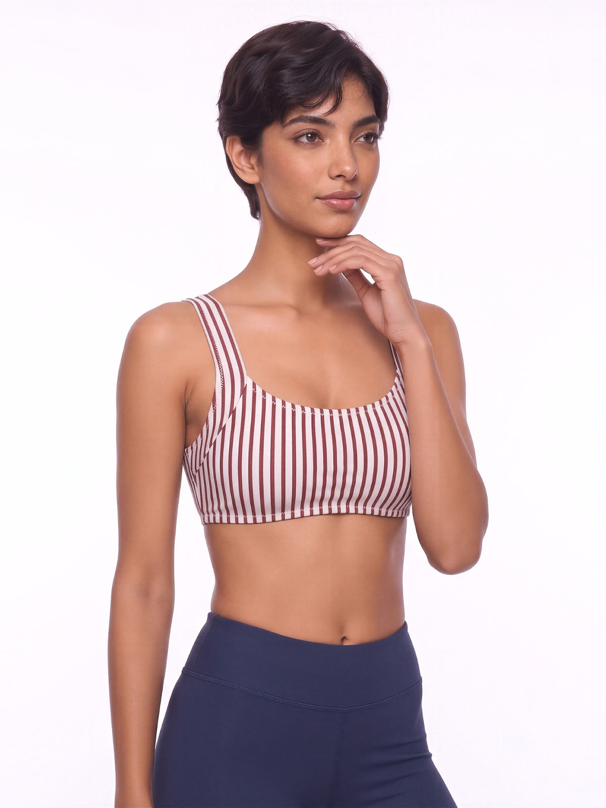 Sienna Swim Bra in red and white stripes with navy high waisted swim bottoms offering supportive comfortable swimwear designed for every body