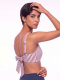 Sienna Swim Bra in red and white stripes shown from the back with adjustable straps and tie detail offering supportive modest coverage for every body