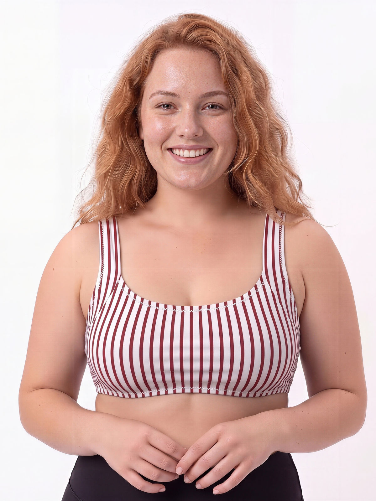 Sienna Swim Bra | Plus Size in red and white stripes on a smiling model for supportive comfortable size-inclusive swimwear designed for every body