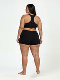 Swim Shorts | Plus Size shown from the back on a curvy woman wearing black swimwear with a comfortable fit. Swimwear designed for every body.