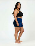 Swim Shorts | Plus Size modeled in navy with a black swim top offering a comfortable fit and size inclusive modest swimwear designed for every body