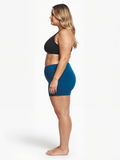 Blue Swim Shorts | Plus Size shown on a curvy model in side profile with a high waist and comfortable fit. Modest size-inclusive swimwear designed for every body.