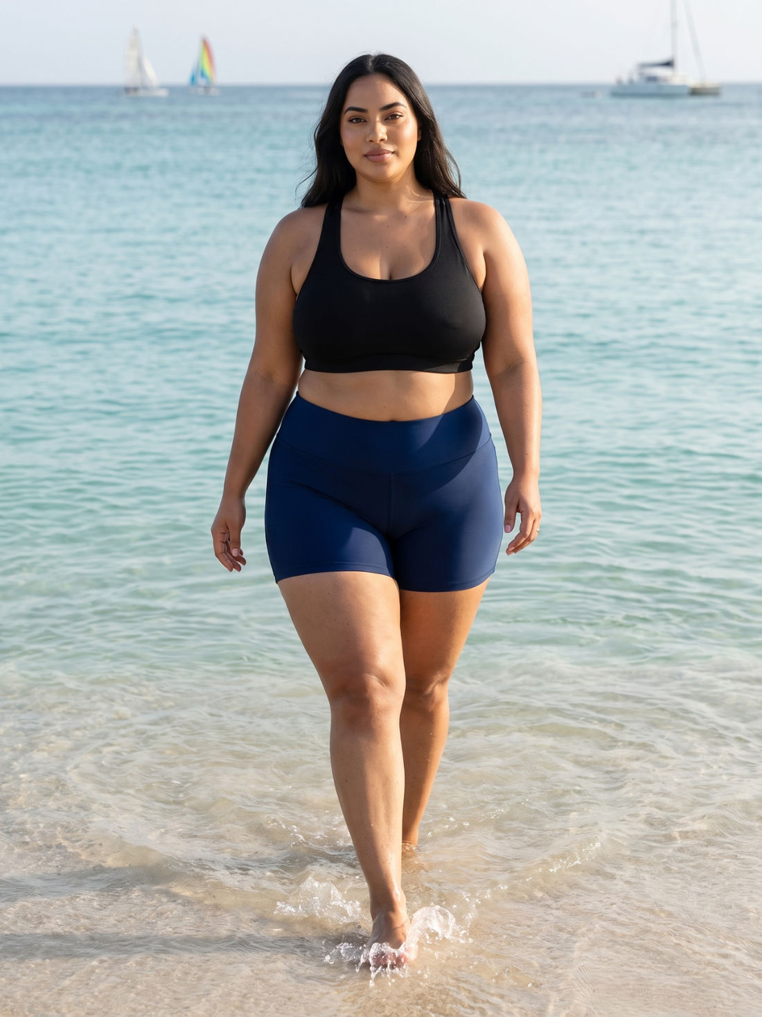 Swim Shorts | Plus Size shown on a woman walking through shallow ocean water in navy swim shorts and a black top. Size-inclusive modest swimwear for every body