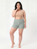 Swim Shorts | Plus Size in green and white vertical stripes, modeled with a comfortable fit for size-inclusive, modest swimwear designed for every body