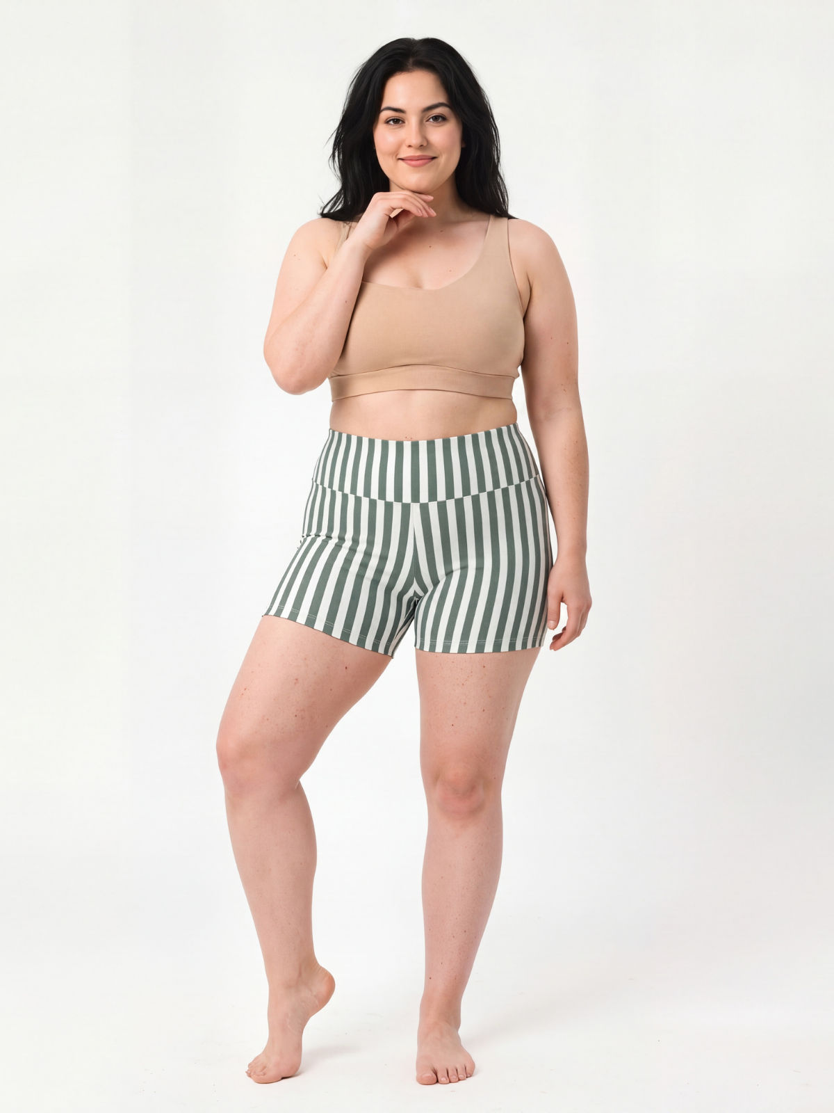 Swim Shorts | Plus Size in green and white vertical stripes, modeled with a comfortable fit for size-inclusive, modest swimwear designed for every body
