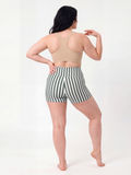 Swim Shorts | Plus Size in green and white vertical stripes modeled from the back with a comfortable fit for size inclusive and modest swimwear for every body