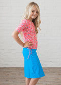 Girls swim knee length skort. Modest skirt and pants. Girl's modest plus size swim skirt. Excellent sun protection UPF +50