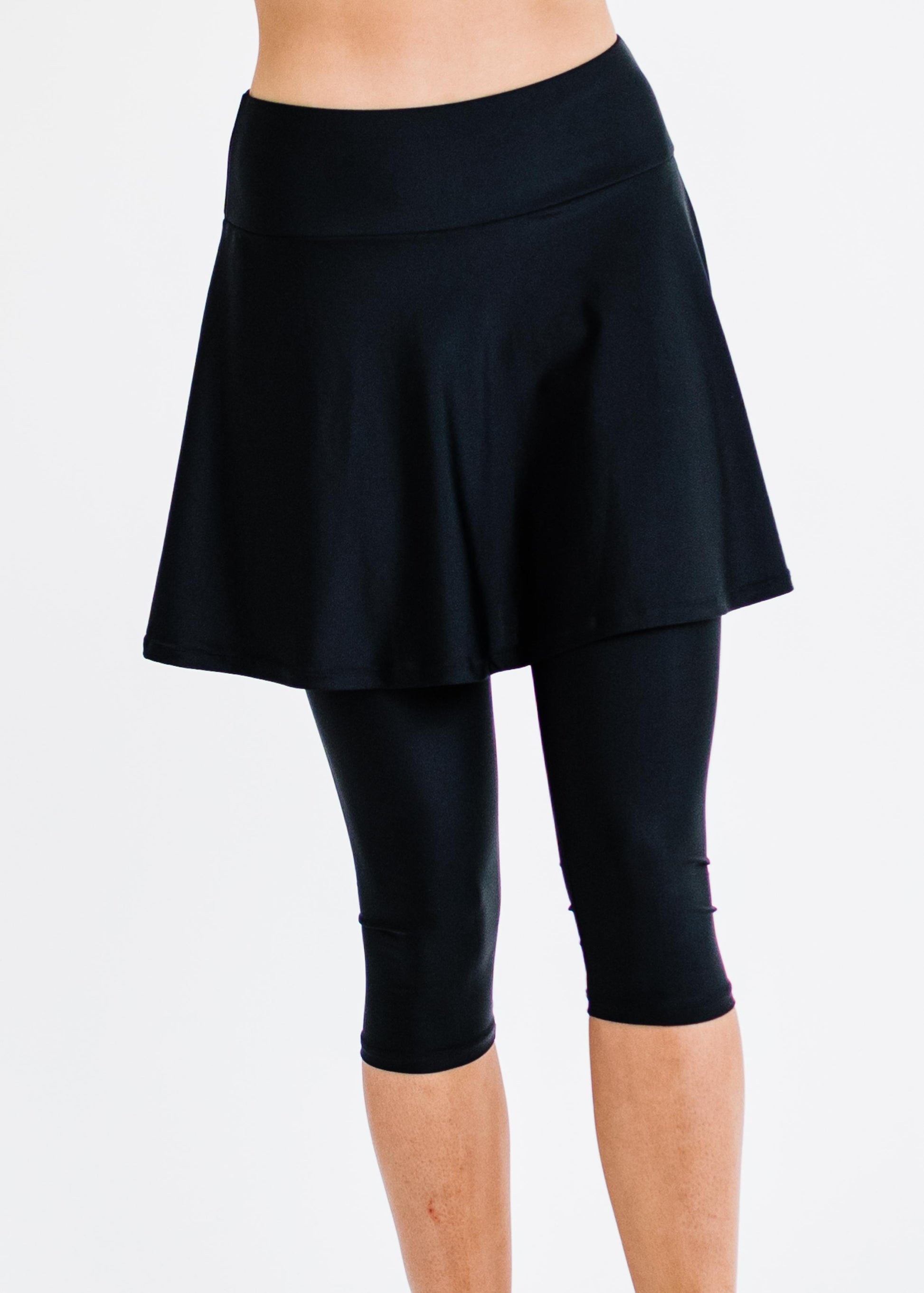 Swim skort and leggings. Skirt and capri leggings. Womens' modest plus size swim skirt. Sun protection UPF +50