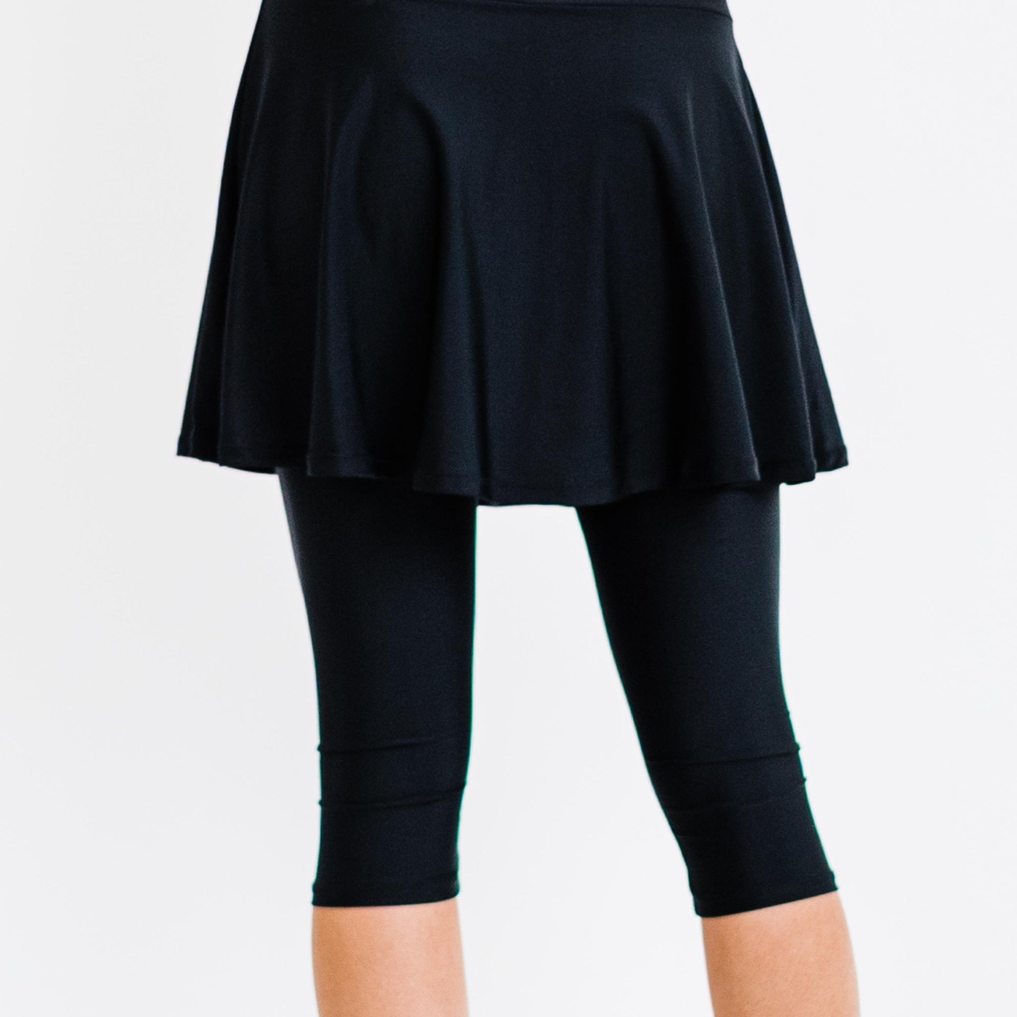 Swim skort and leggings. Skirt and capri leggings. Womens' modest plus size swim skirt. Sun protection UPF +50