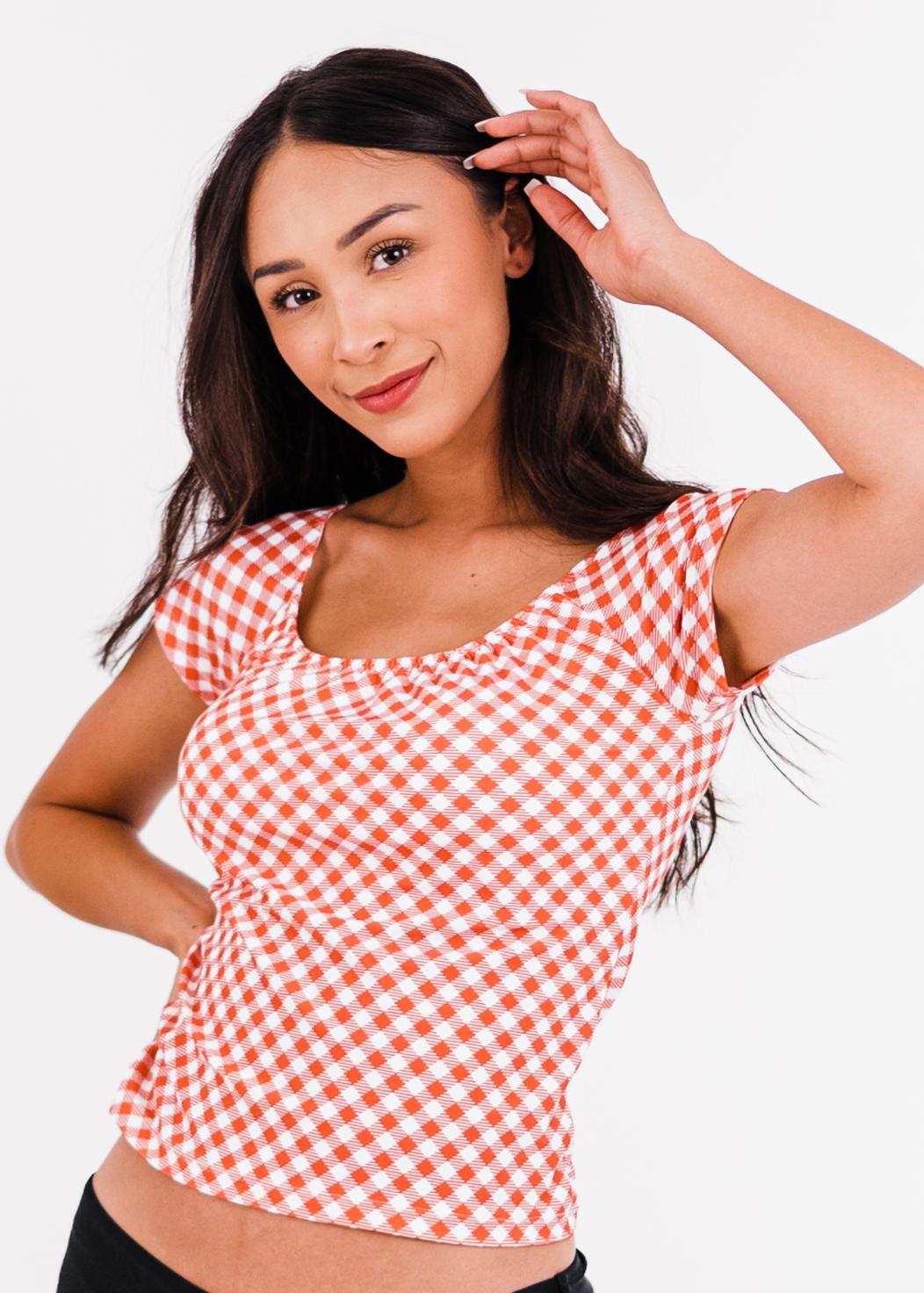 Zoey Crop Swim Top - Coral Gingham
