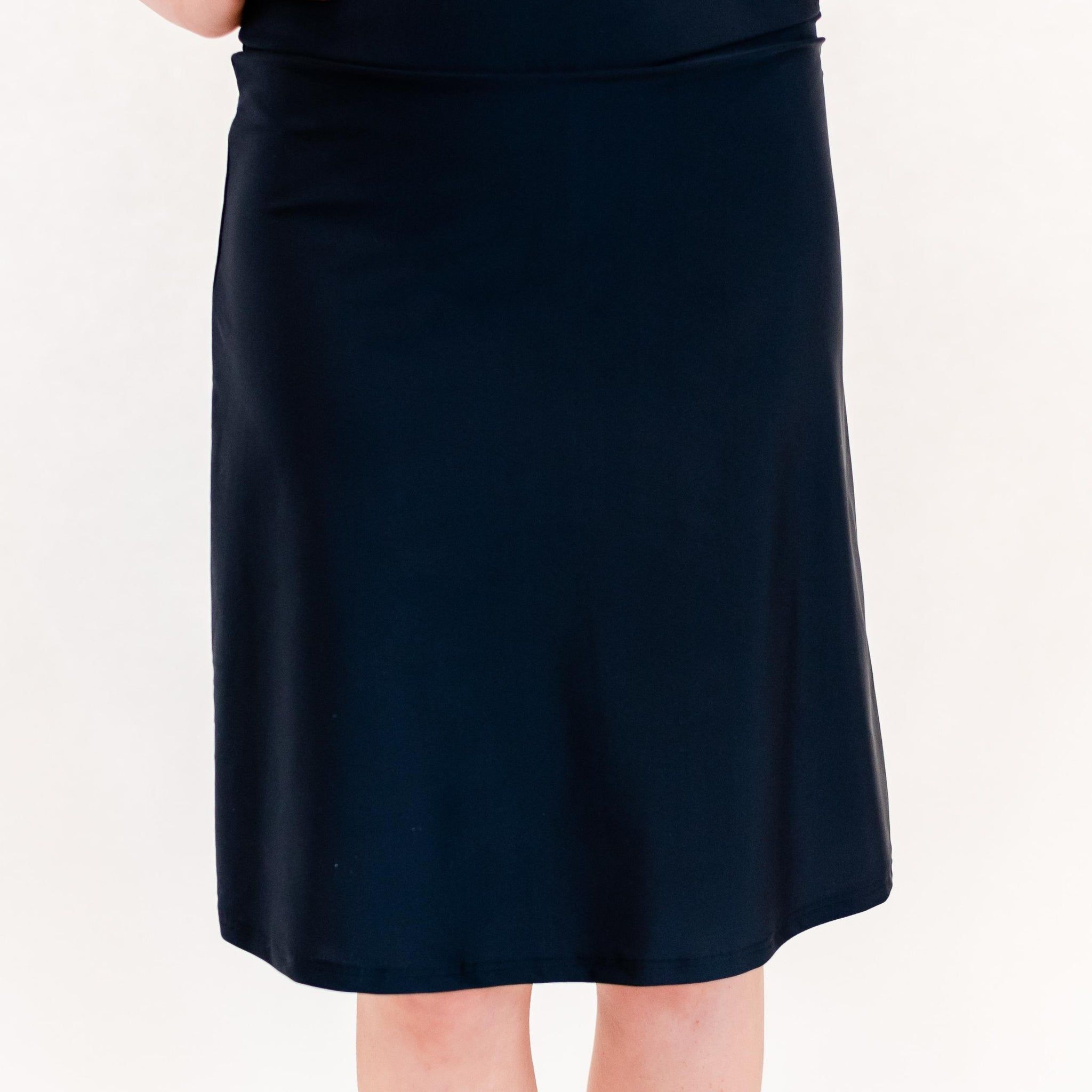 Knee length swim skort. Modest plus size skirt and pants. Womens' modest plus size swim skirt. Excellent sun protection UPF +50