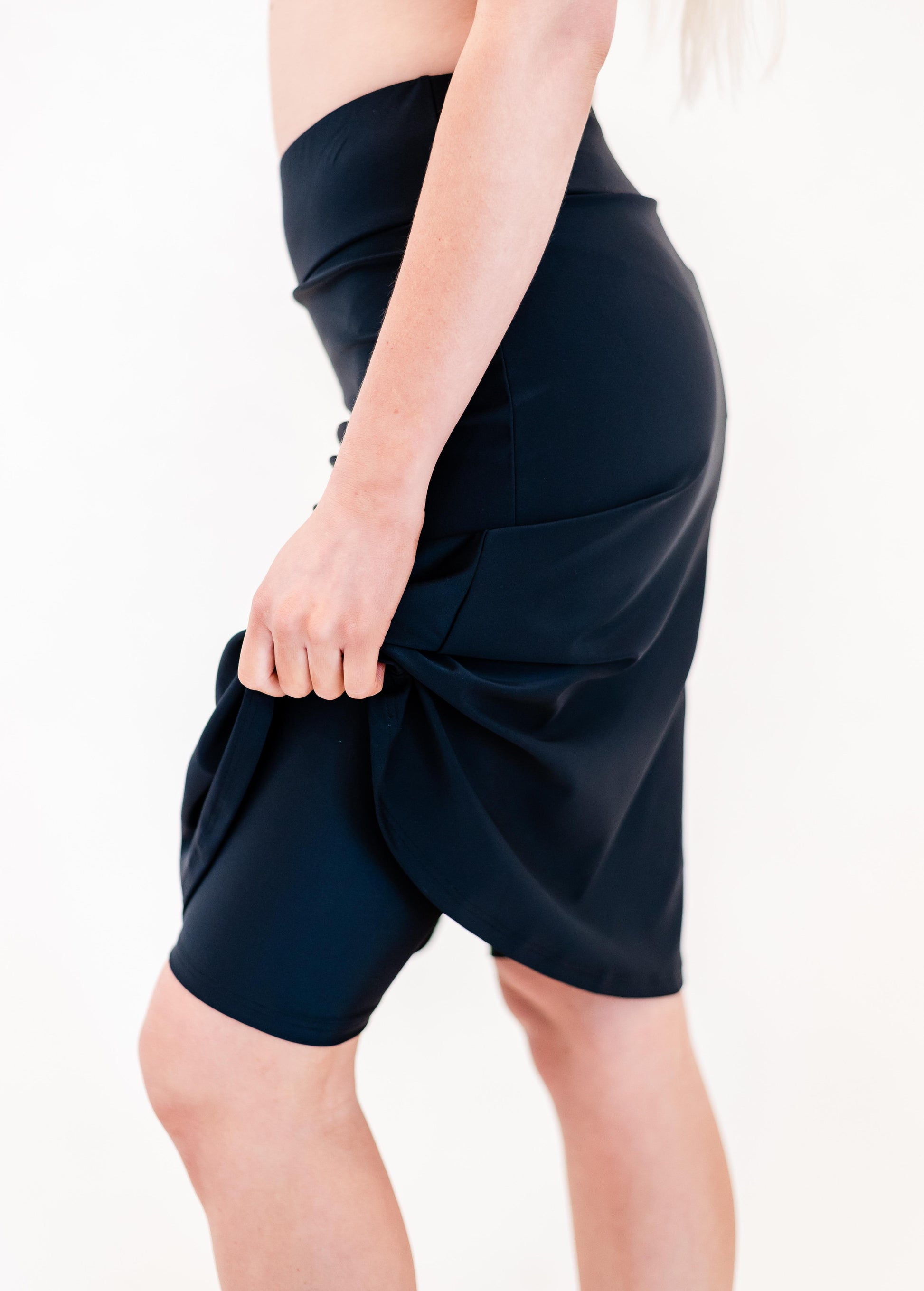 Knee length swim skort. Modest plus size skirt and pants. Womens' modest plus size swim skirt. Excellent sun protection UPF +50