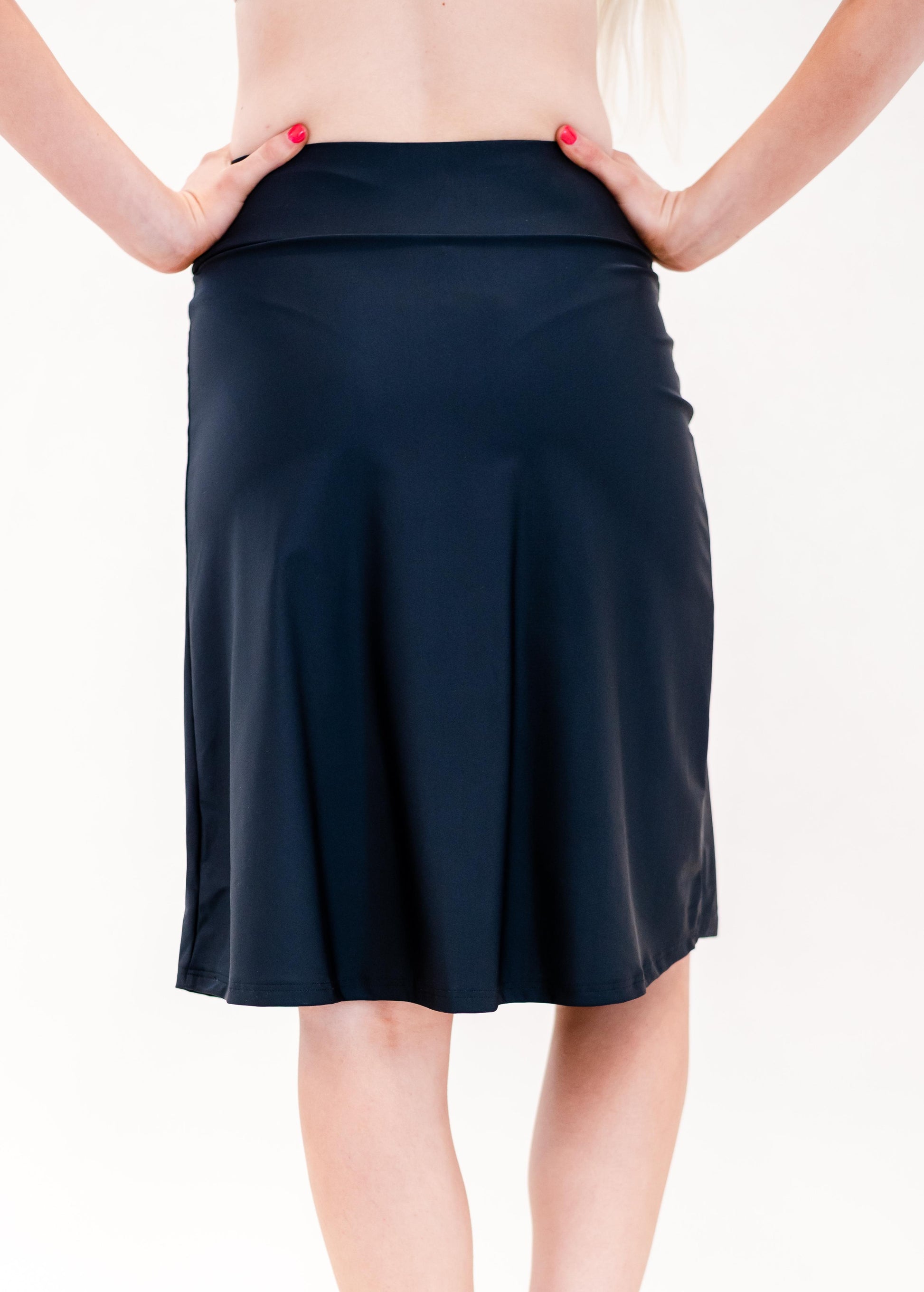 Knee length swim skort. Modest plus size skirt and pants. Womens' modest plus size swim skirt. Excellent sun protection UPF +50
