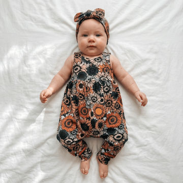 burnt floral gathered romper and headband set.