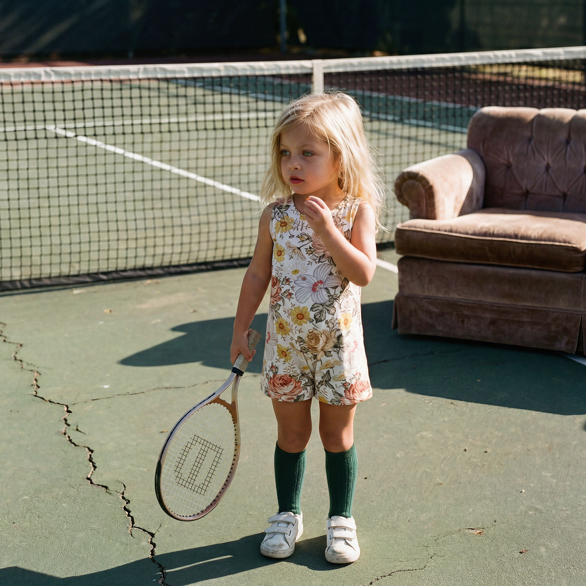 little girl wearing chamomile rose bow back romper suit 
