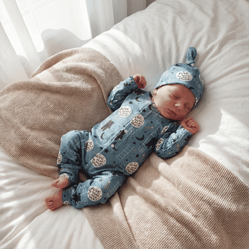 Newborn baby in a blue outfit with Love you to the moon slogan and bears, lying on a white blanket.