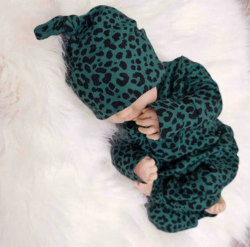 green leopard print babygrow with matching hat available from newborn
