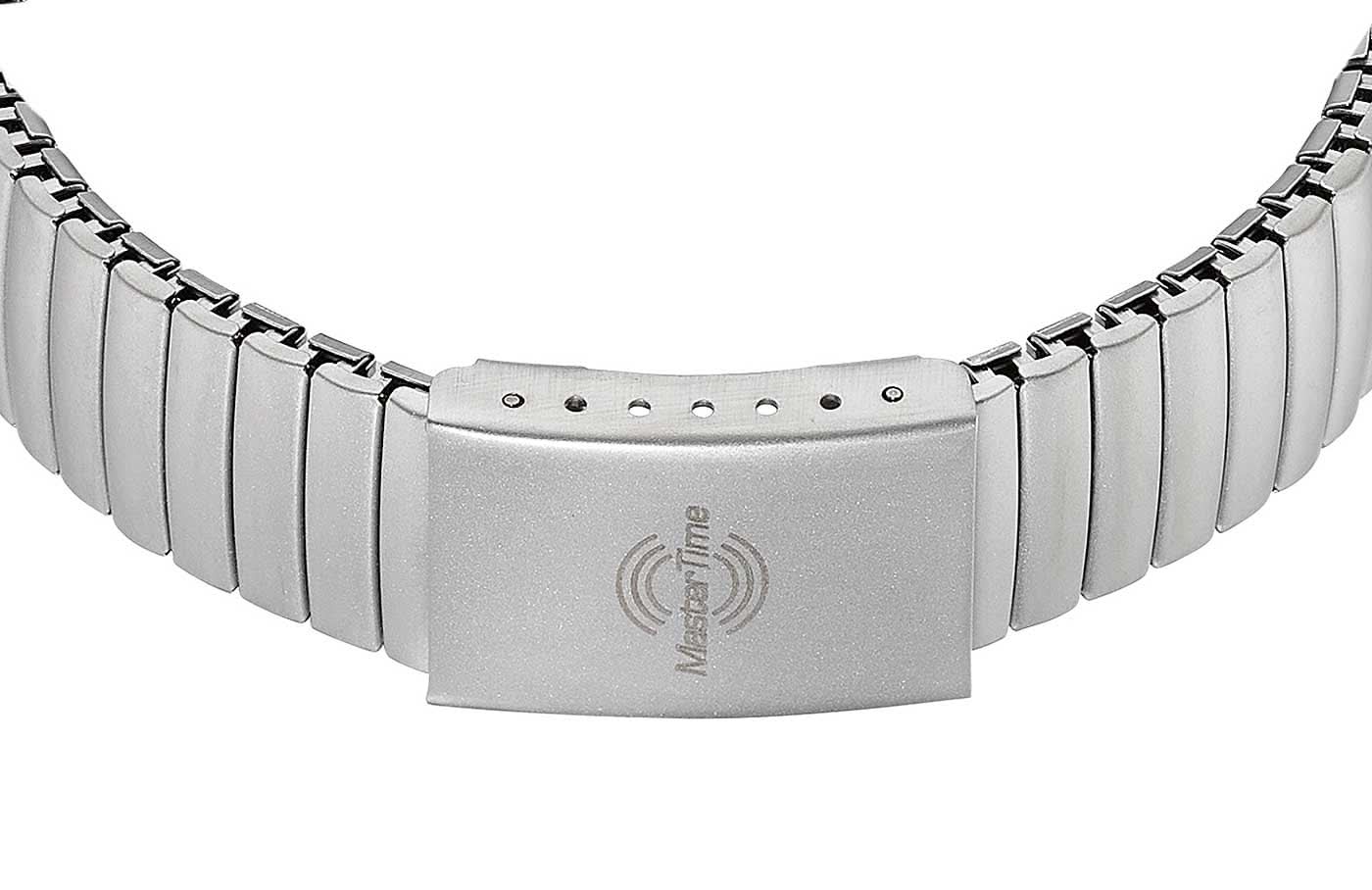 Damenuhr mit silberfarbenem Metallarmband und Schließe mit Funk-Symbol auf der Rückseite