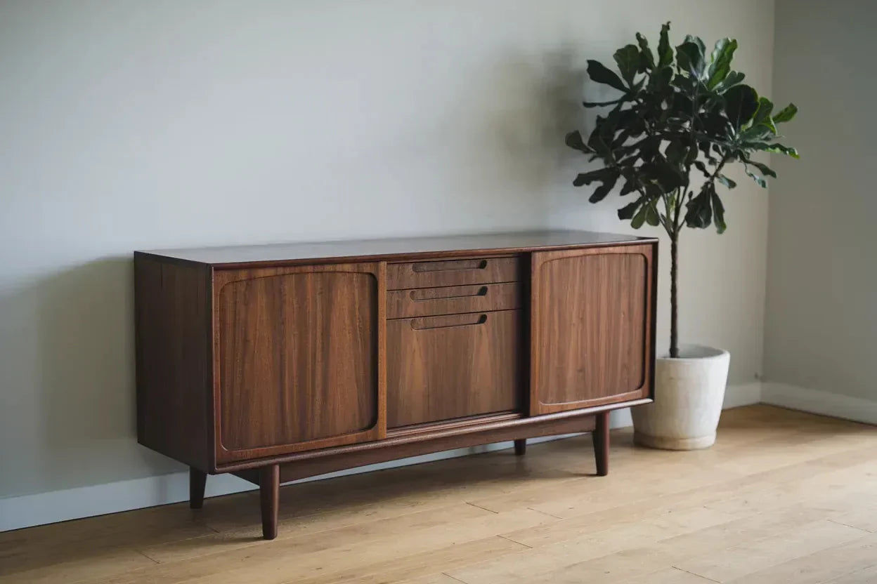 Mid-century modern wooden sideboard beside a potted plant in a minimalist room.