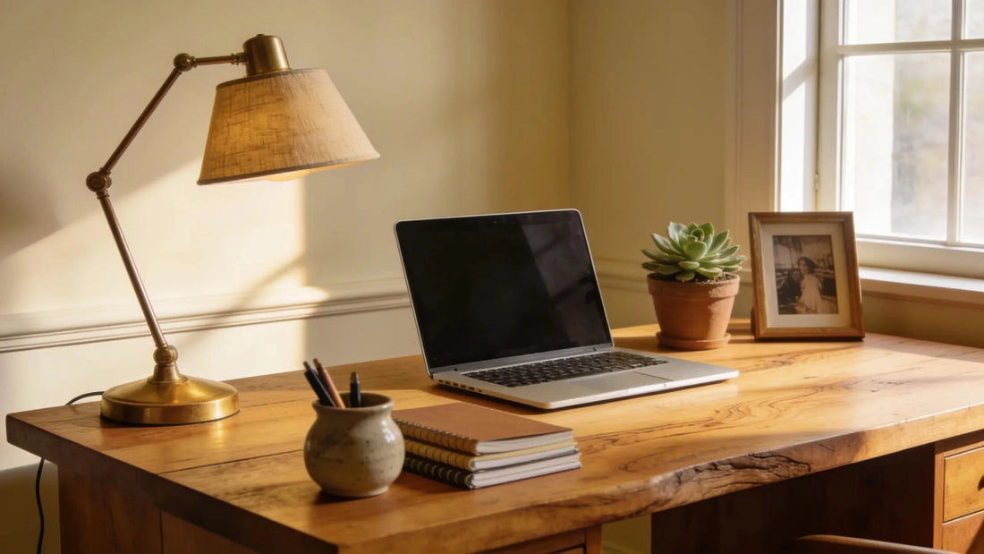 Solid wood desk in a well-decorated home office showcasing durability and aesthetic appeal