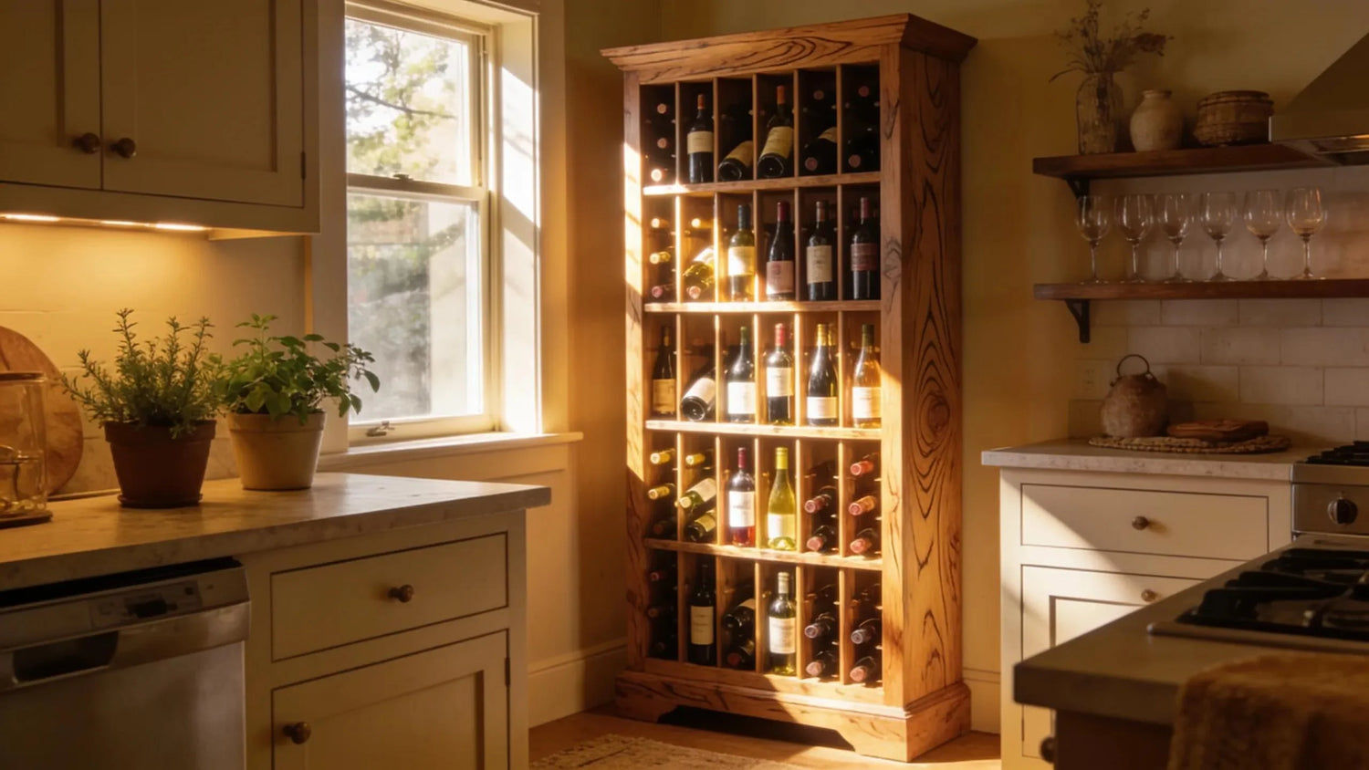 Stylish wooden wine rack in a cozy kitchen with various bottles of wine, enhancing home decor