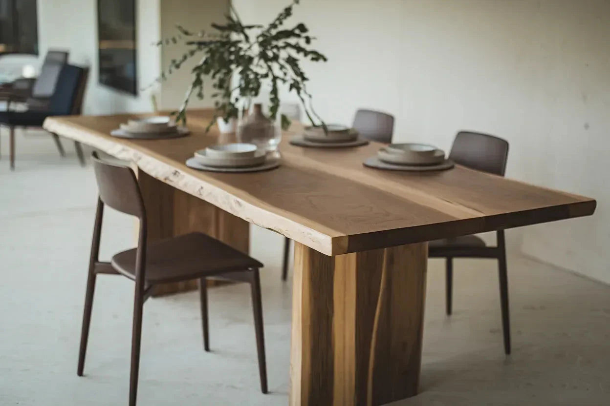 Wooden dining table with four chairs, set with plates and a vase.
