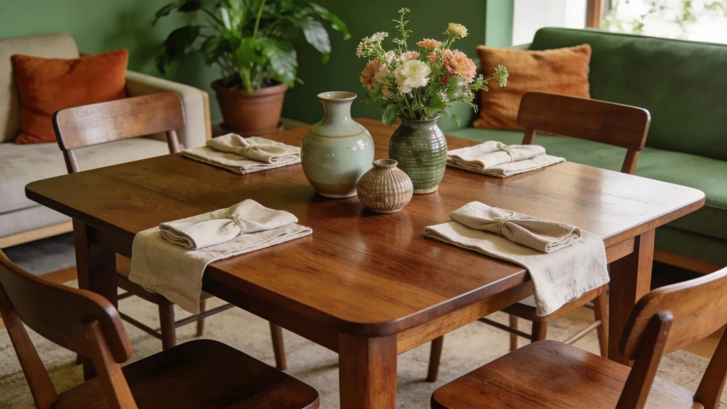 Solid timber furniture in a cozy living room, demonstrating wooden furniture care and maintenance