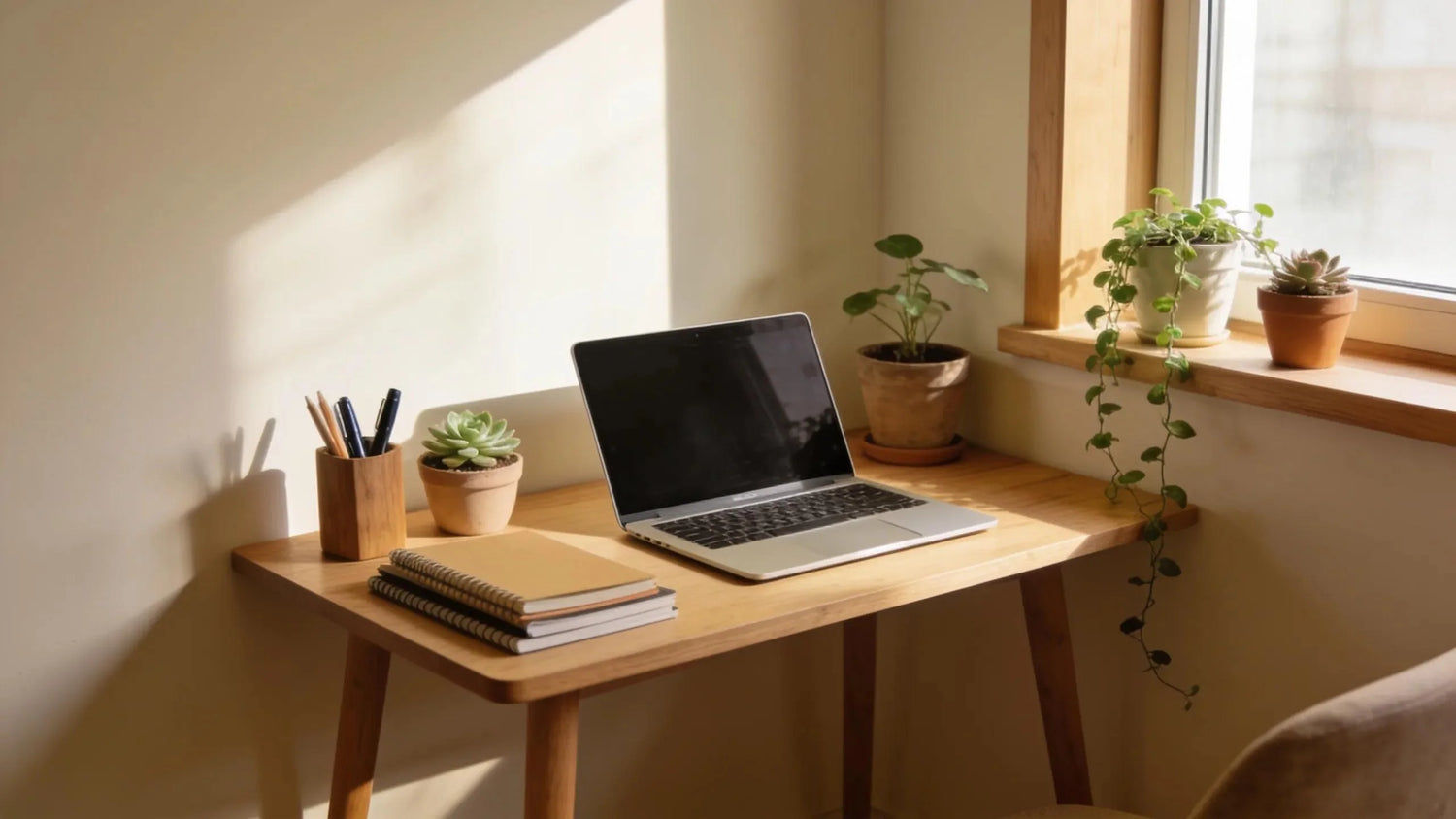 Small wooden desk in a cozy home office environment