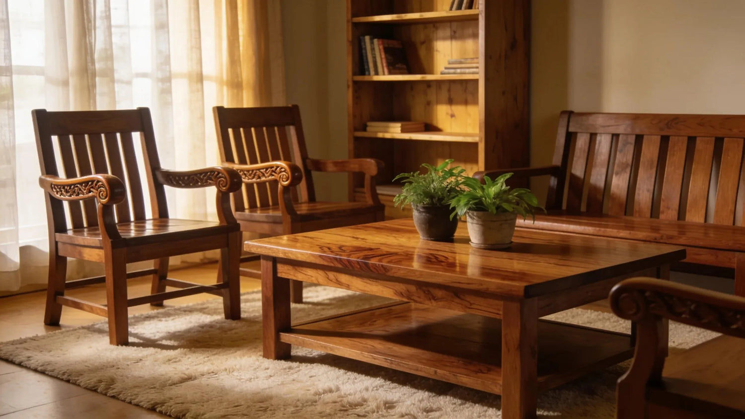 Elegant living room filled with high-quality solid wood furniture, emphasizing craftsmanship and natural beauty