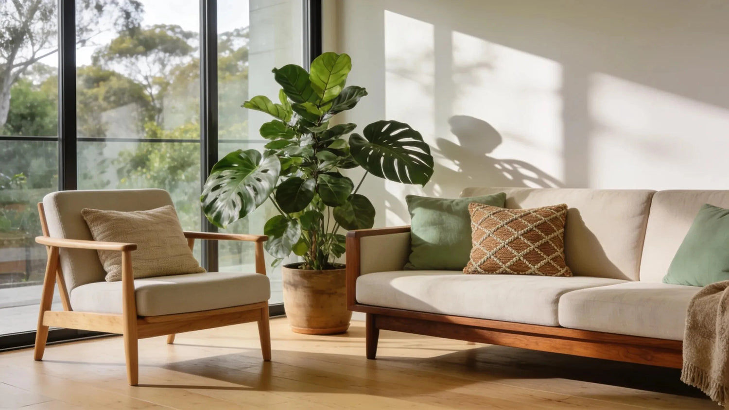Contemporary Australian wooden furniture in a bright living room, showcasing clean lines and minimalistic design