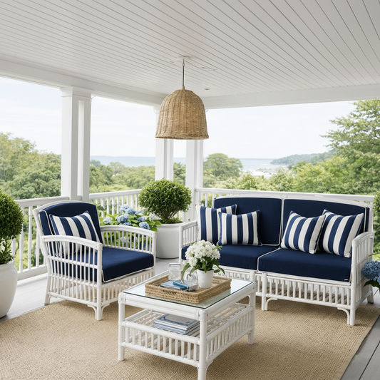 Shipton Hamptons Rattan 2.5-Seater Sofa in White & Navy