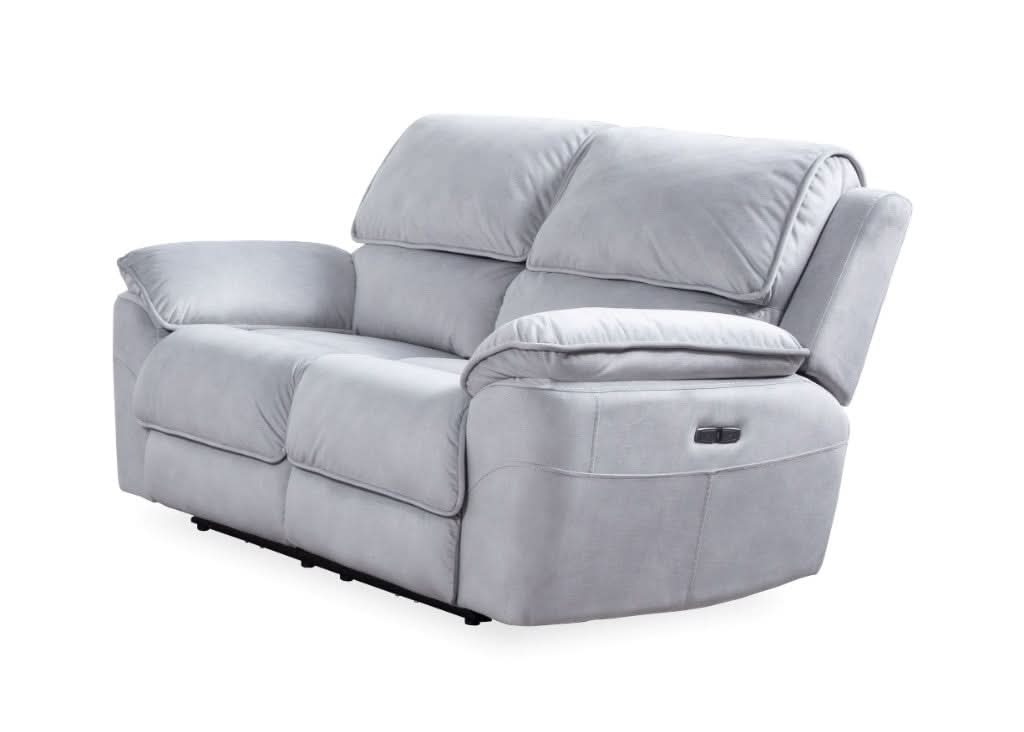 MyChocolateWood MercoURI fabric 2-seater sofa with two electric recliners in steel color, showcasing plush upholstery and reclining mechanism.