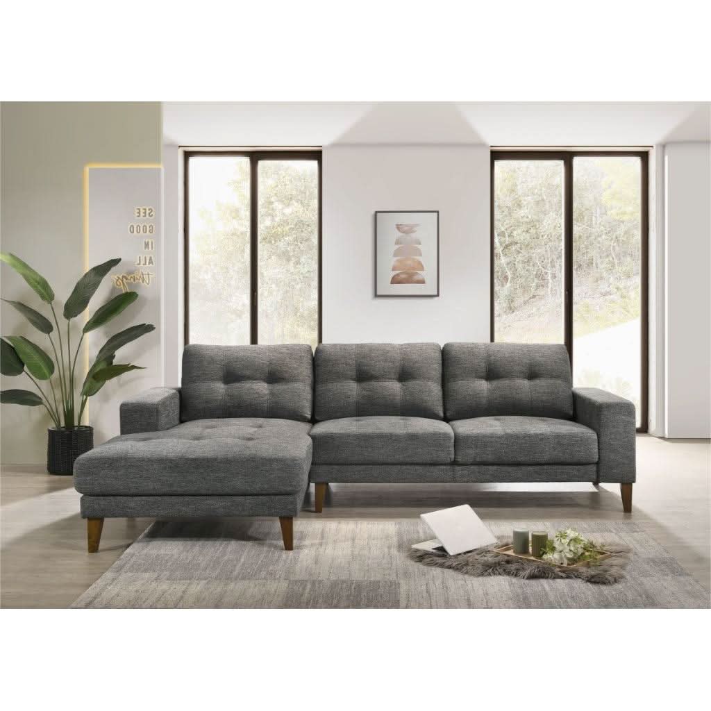 Liz Mid-Century Fabric 2-Seater with Left Hand Facing Chaise in Licorice - Chocolate Wood