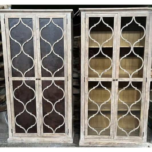 REINA GREYWASHED RECYCLED TIMBER/HERITAGE METAL 2-DOOR BOOKCASE DISPLAY CABINET - MyChocolateWood