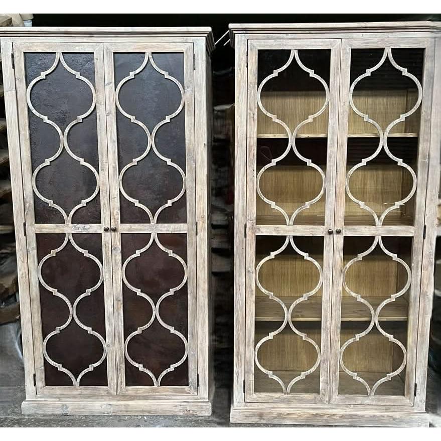 REINA GREYWASHED RECYCLED TIMBER/HERITAGE METAL 2-DOOR BOOKCASE DISPLAY CABINET - MyChocolateWood