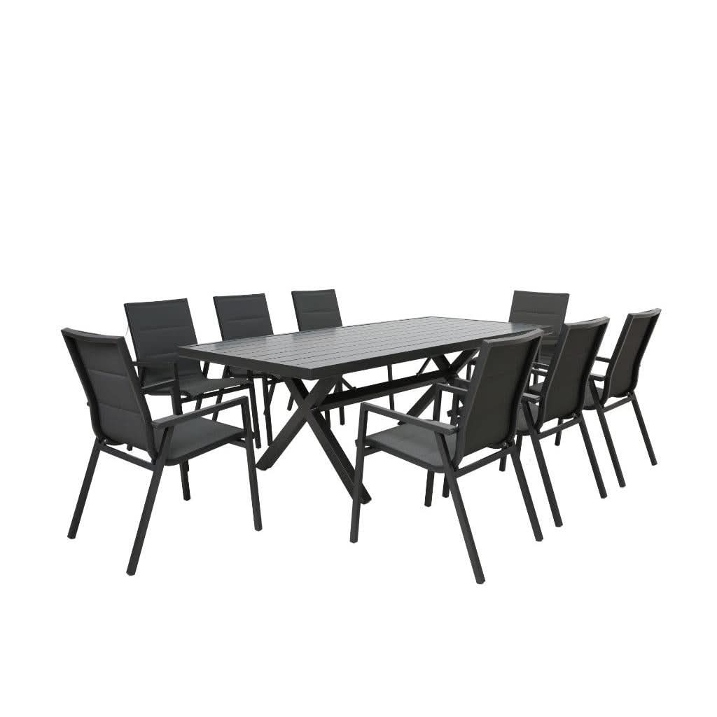 GRECO 9 PIECE OUTDOOR DINING SETTING ALUMINIUM BLACK & CHARCOAL 220CM - MyChocolateWood
