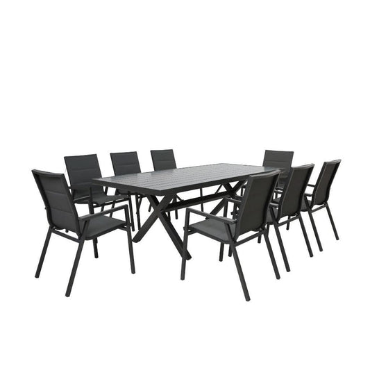 GRECO 9 PIECE OUTDOOR DINING SETTING ALUMINIUM BLACK & CHARCOAL 220CM - MyChocolateWood