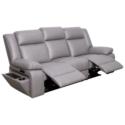 Light grey Lloyd leather-look fabric 3-seater electric recliner sofa with padded armrests and plush cushions.