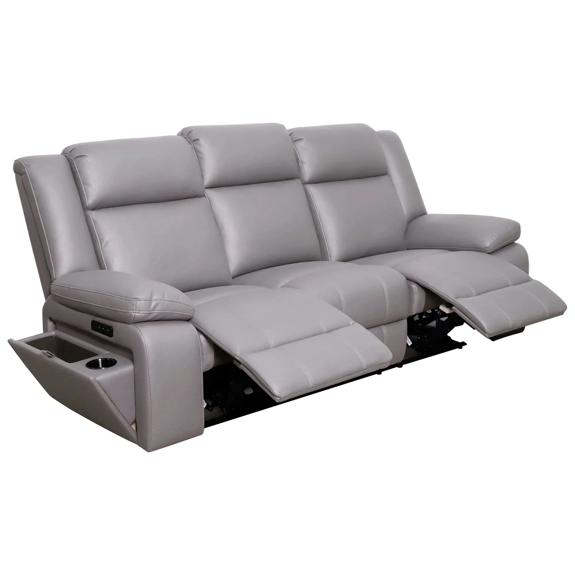 Light grey Lloyd leather-look fabric 3-seater electric recliner sofa with padded armrests and plush cushions.