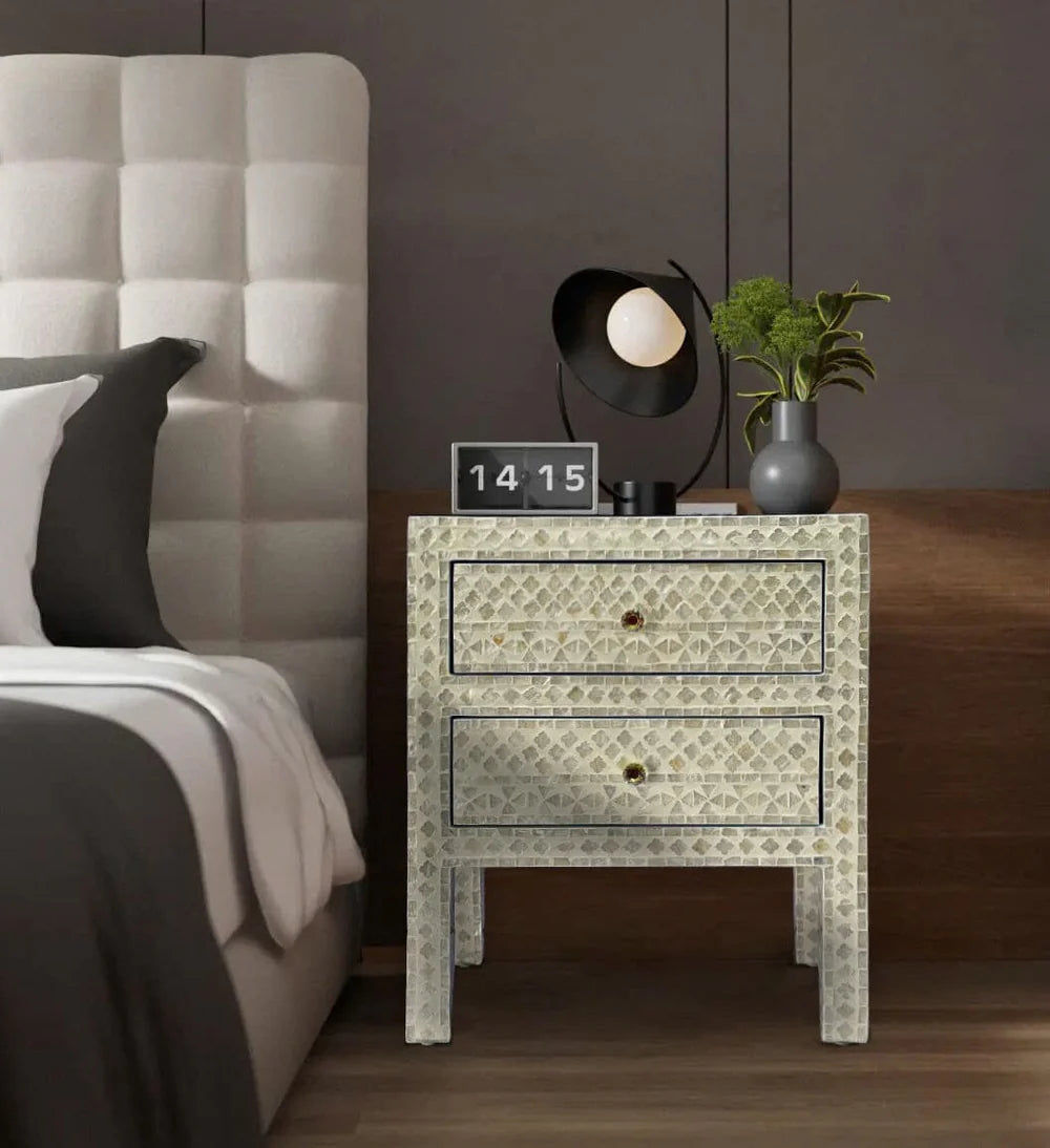 DEENA MOTHER OF PEARL 2-DRAWER BEDSIDE TABLE CREAM HUE - MyChocolateWood