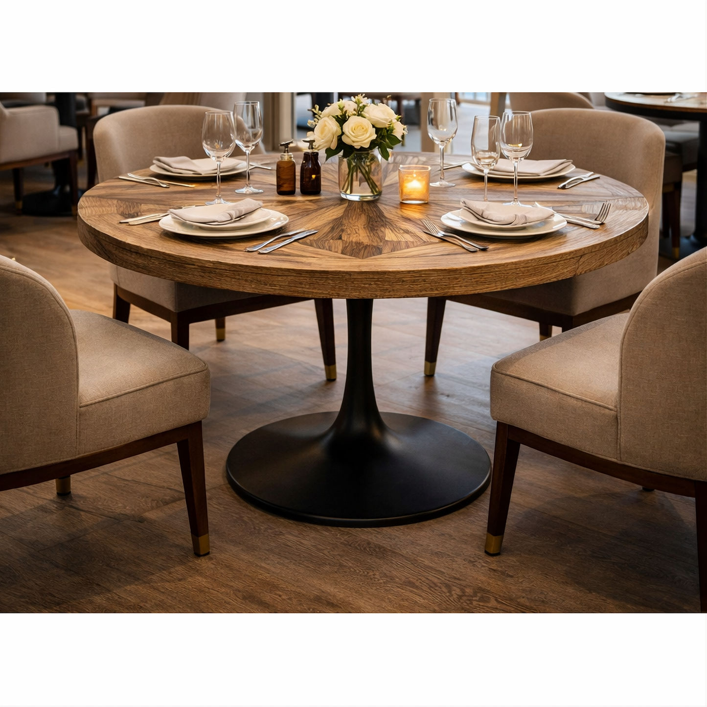 Quentin Round Parquetry Dining Table 140cm in Recycled Elm & Iron - Chocolate Wood