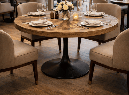 QUENTIN ROUND PARQUETRY DINING TABLE IN RECYCLED ELM & IRON 140CM DIAMETER - MyChocolateWood