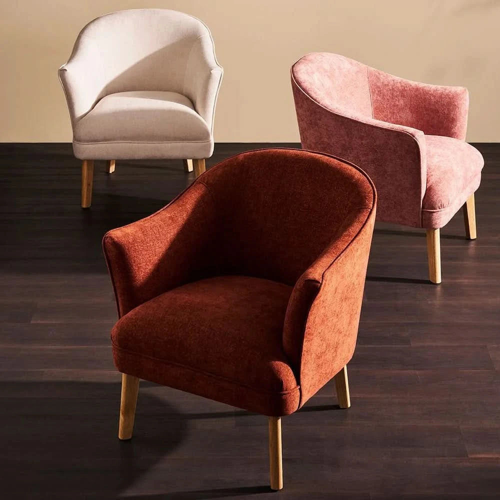 MyChocolateWood Elmore chenille fabric tub chair with coral-colored upholstery, showcasing a cozy and stylish occasional chair design.