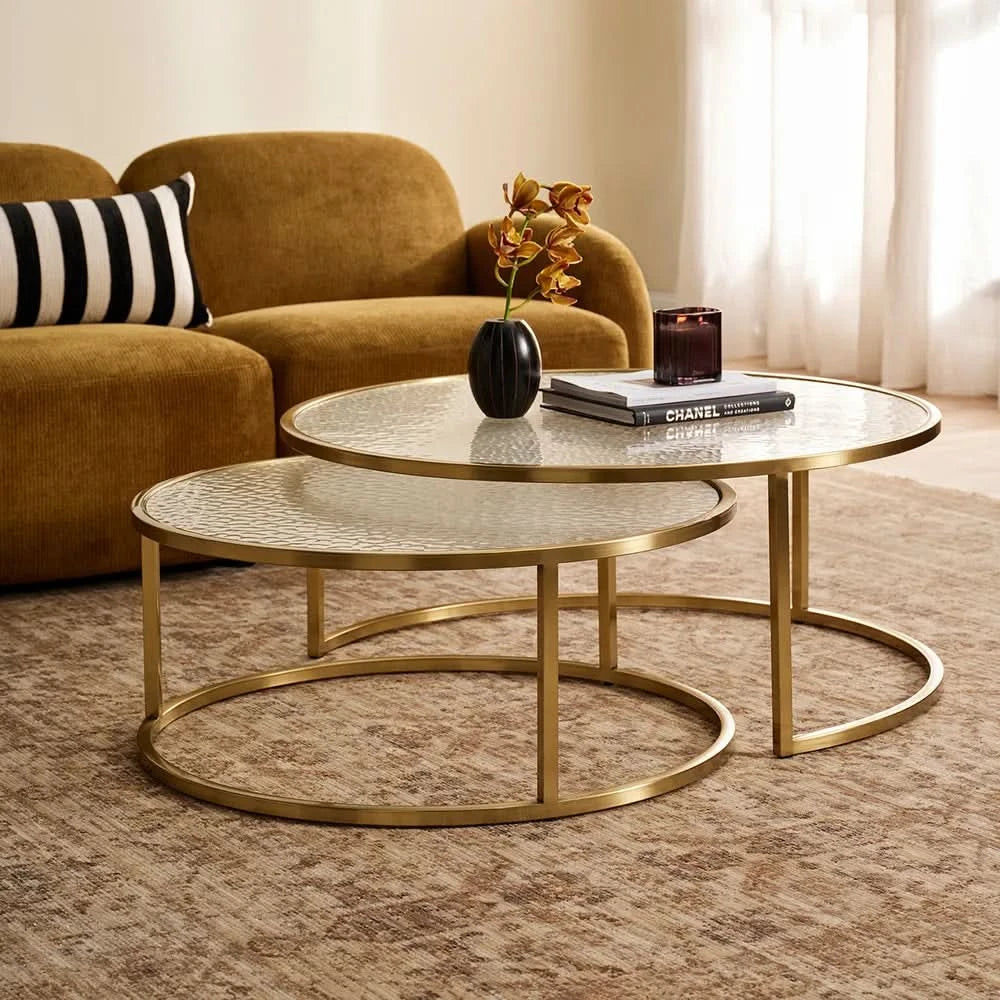 CLAUDIA SET OF 2 ROUND RIPPLED GLASS & GOLD NESTING COFFEE TABLES - MyChocolateWood
