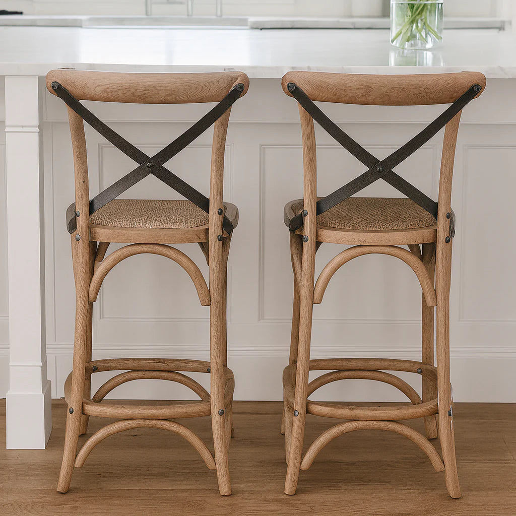 MALMO CROSS BACK OAK BAR STOOL WITH DARK METAL STRAPS - MyChocolateWood