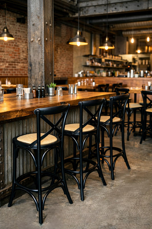 EMERSON BLACK CROSS BACK BAR STOOL WITH RATTAN SEAT - 65CM SEAT HEIGHT (Copy) (Copy) - MyChocolateWood