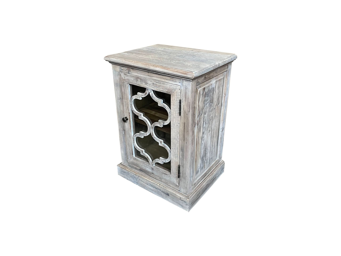 REINA GREYWASHED RECYCLED TIMBER/GLASS PANEL 1-DOOR BEDSIDE TABLE/CABINET - MyChocolateWood