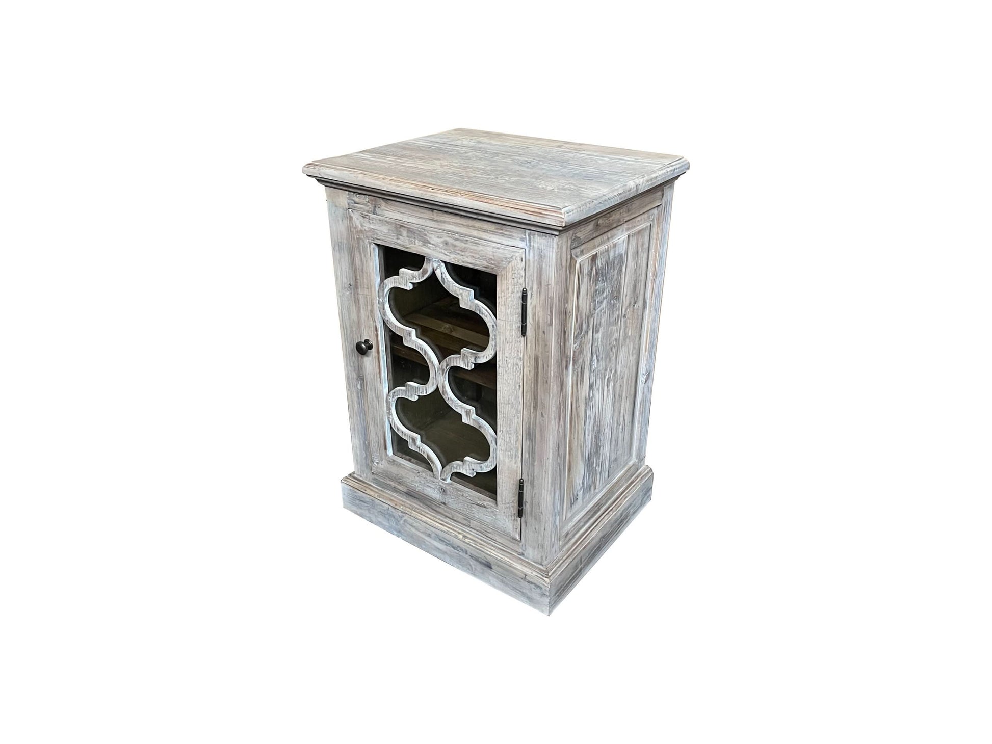 REINA GREYWASHED RECYCLED TIMBER/GLASS PANEL 1-DOOR BEDSIDE TABLE/CABINET - MyChocolateWood