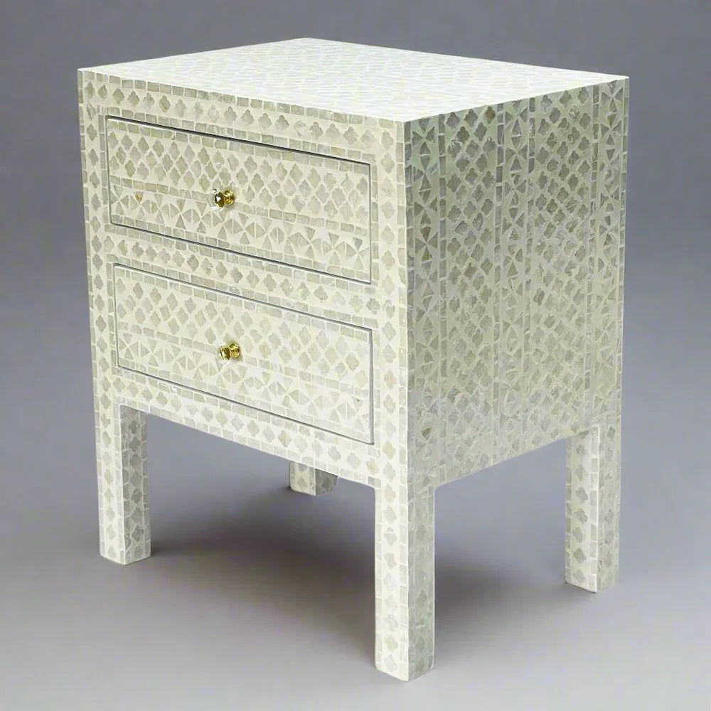 DEENA MOTHER OF PEARL 2-DRAWER BEDSIDE TABLE CREAM HUE - MyChocolateWood