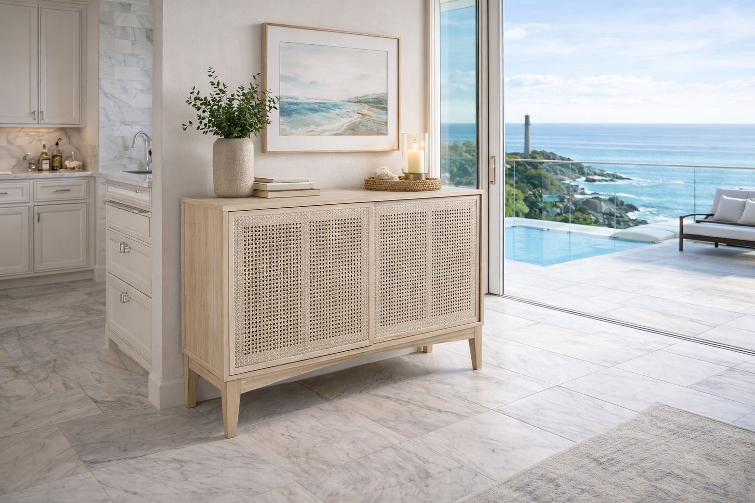 BAHAMAS CABINET SIDEBOARD SLIDING RATTAN DOORS/ SOLID OAK NATURAL COLOUR 120CM - MyChocolateWood